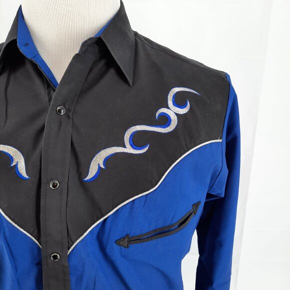 Ely Cattleman Rodeo Western Blue Shirt Men's Size M Roping Cowboy Black Snap - Picture 2 of 7